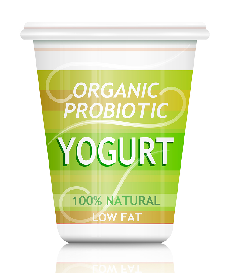 Illustration depicting a single organic probiotic yogurt container arranged over white.